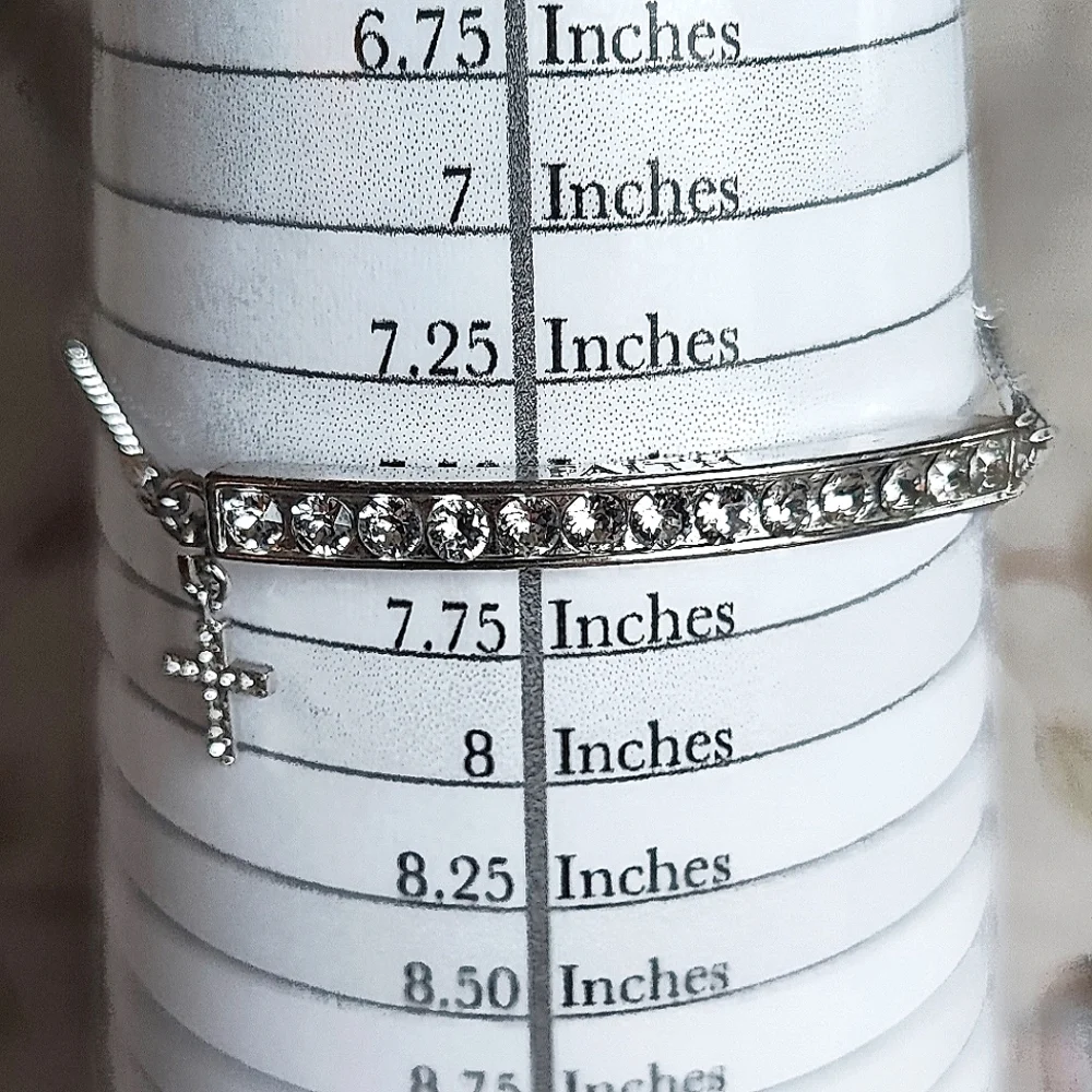 Silver Tone FAITH Christian Cross Clear Rhinestone Slide Bracelet Preloved EUC